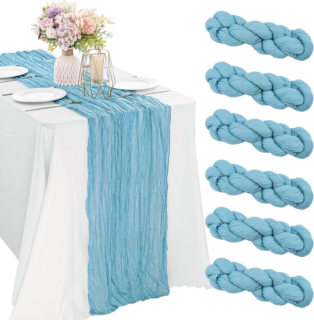 6 Pieces Easter Spring Baby Blue 10FT Cheesecloth Table Runner Boho Gauze Fabric Table Runner Rustic Sheer Runner for Wedding Birthday Baby Shower Party Boho Table DecorationBaby Blue