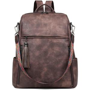 FADEON Leather Laptop Backpack for Women Designer 15.6 inch PU Laptop Bag, Ladies Travel Computer Work Backpack Coffee Brown