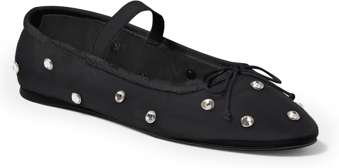 Coutgo Womens Mesh Ballet Flats Crystal Rhinestone Studded Comfortable Mary Jane Dress Shoes (7.5, Black)