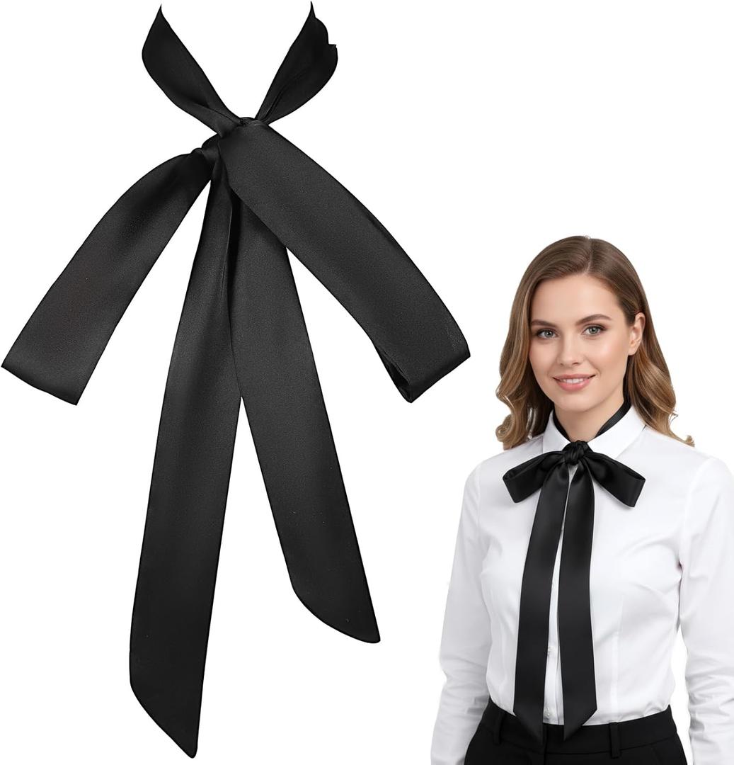 Women Elegant Black Neck Tie, Versatile Satin Wide Folding Bowties, Self-Tie Accessory Black Neck Scarf for Dress Uniforms Cosplay Halloween Accessory (Black, S)