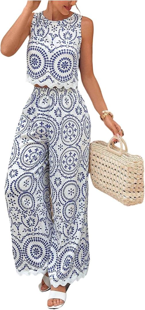 WDIRARA Women's Boho 2 Piece Pants Outfits Sleeveless Crop Tank Top Set Vacation Beach (Blue) X-Small 