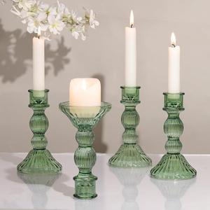 Green Candlestick Holders Set of 4 - Vertical Stripe Glass Candle Holders for Candlesticks and Taper Candles, Taper Candle Holder for Wedding, Home, Decor & Table Centerpieces