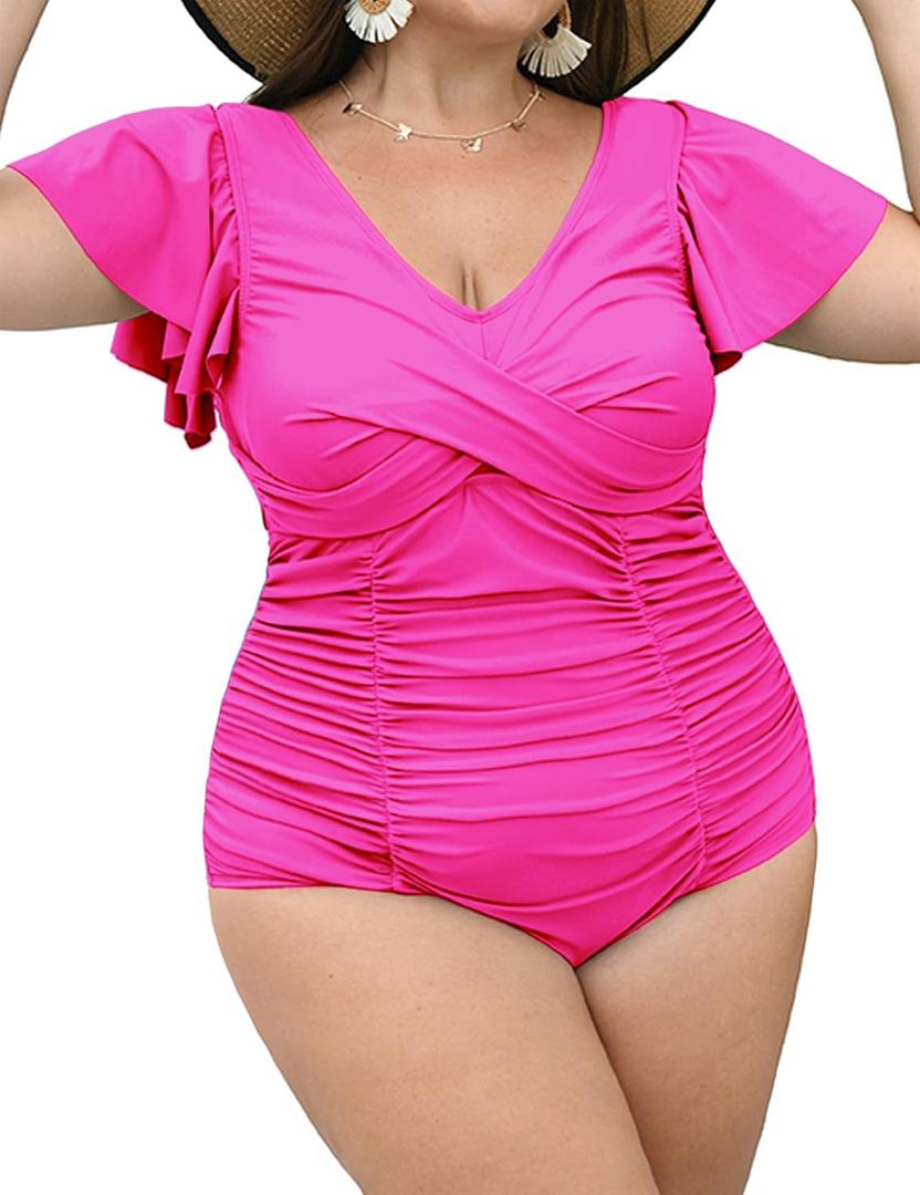 Women Plus Size Swim Romper Swimsuits One Piece Swim Suit Modest Tummy Control Ruffle Sleeves Bathing Suits
