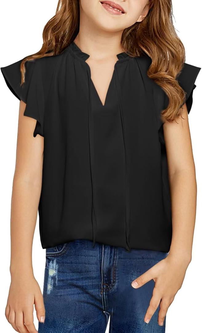 DOKOTOO KIDS Girls Summer Tops Casual Drawstring V Neck Short Sleeve Ruffle Shirts Cute Chiffon Blouse Black 14-15 Years