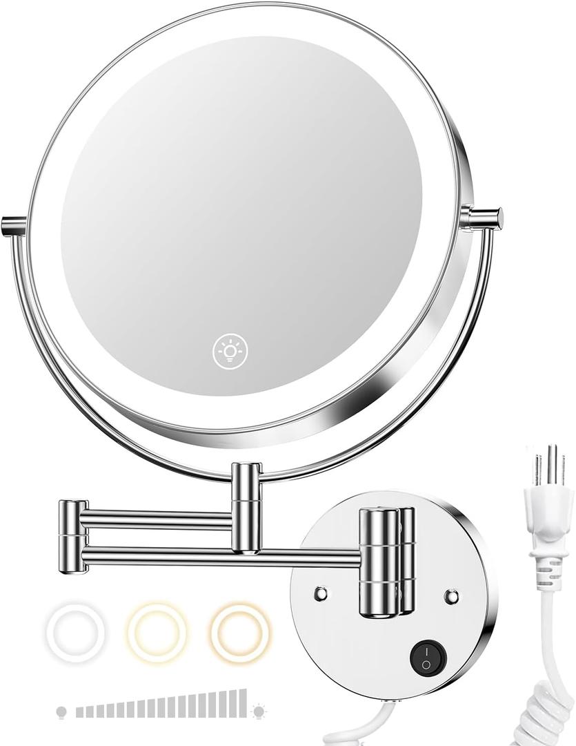 Gospire 9 Wall Mounted Lighted Magnifying Mirror, 1X/10X Magnification Double-Sided LED Bathroom Mirror, 3 Color Lights & Stepless Dimming with Touch Sensor, Extendable Arm 360 Swivel for Shaving (Silvery)
