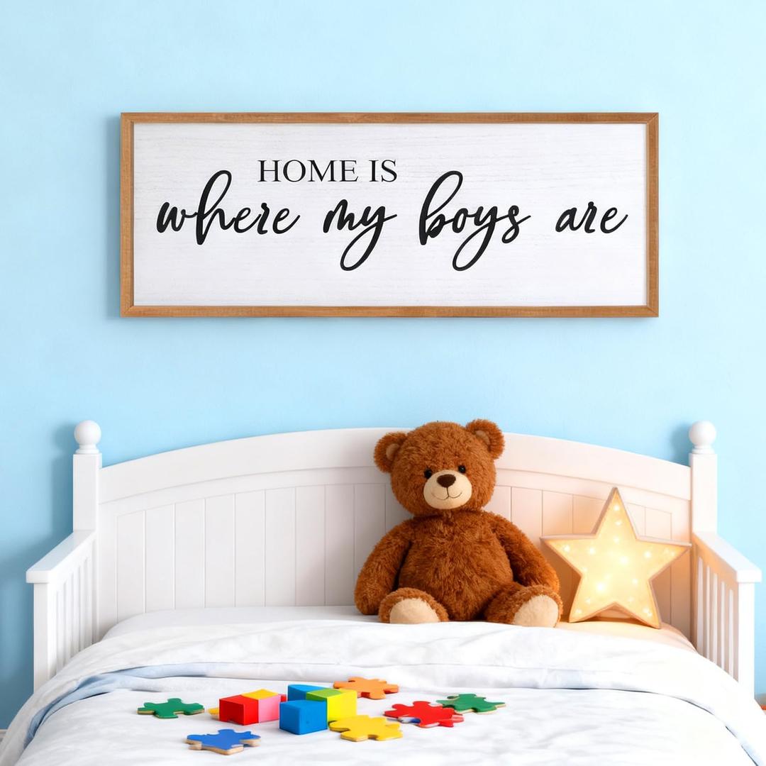 Home is Where My Boys are Sign Framed Wall Art, 32''12'' Rustic Horizontal My Son Plaque with Natural Frame for Baby Kid Boy Son Teen Toddlers Room, Horizontal Mom of Boys Gifts Nursery Decor