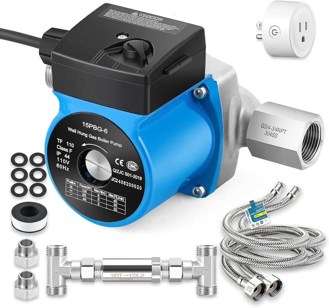 Instant Hot Water Recirculating Pump Kit with 304 Stainless Steel Bypass Valve, 20-in PEX Supply Lines for Potable Water, Smart Plug and Adapters with Rubber Washers for Tank Water Heaters