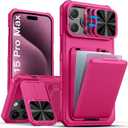 SSLOTSCASE for iPhone 15 Pro Max Case Wallet with Card Holder & Camera Cover Stand & Kickstand & Slide Camera Lens Cover, Rugged Multifunctional Phone Case Cover for iPhone 15 Pro Max 6.7'' 2023, Pink
