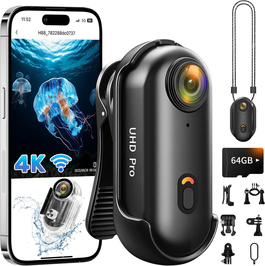 Action Camera 4K,2026 Ready Upgraded POV Camera WiFi with 64GB Card, Thumb Snap Cam with Waterproof Case,Wearable Sports Snapcam,Mini Body Camera for Running Motorcycle Vlogging Diving Horse Riding