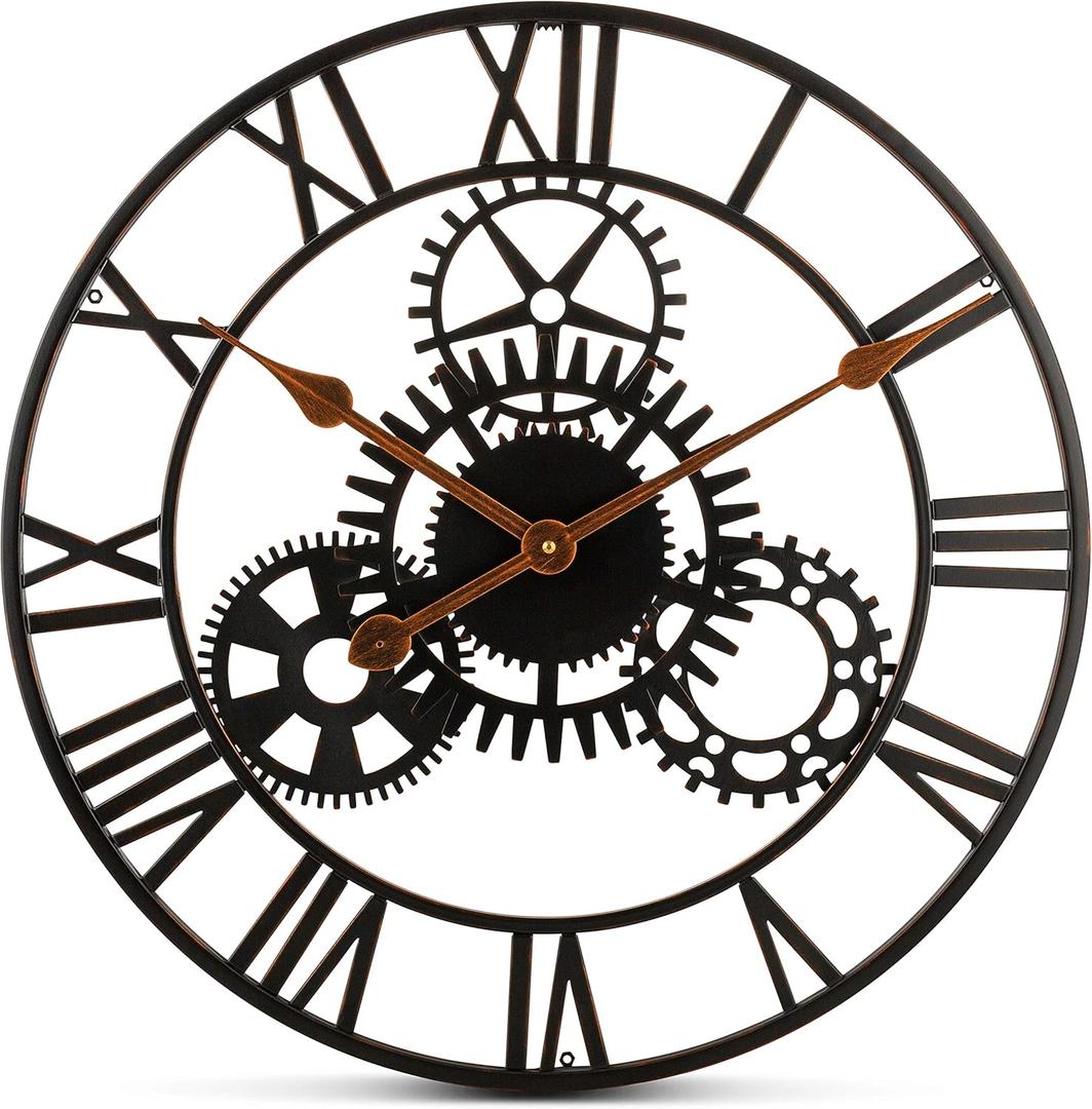 Bernhard Products Extra Large Wall Clock 20 Inch Decorative Wrought Iron, Silent Quartz Industrial Gears Black Rustic Metal Roman Numeral European Steampunk Cog Vintage Distressed Details, Battery Bernhard Products Extra Large Wall Clock 20 Inch Decorative Wrought Iron, Silent Quartz Industrial Gears Black Rustic Metal Roman Numeral European Steampunk Cog Vintage Distressed Details, Battery