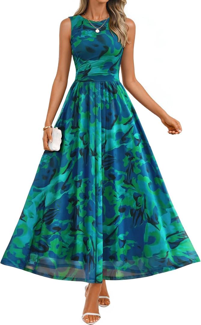 ZESICA Women's Summer Sleeveless Floral Maxi Dress 2026 Casual Crewneck Mesh A Line Flowy Boho Beach Party Long Dresses, M