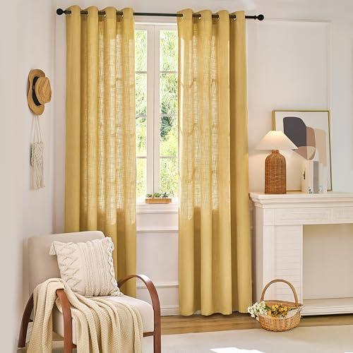 MISSTIAM Mustard Yellow Linen Window Curtain Panels with Grommets 52 inches Width 96 inches Length Set of 2, DIY Home Decor Drapes for Multiple Rooms