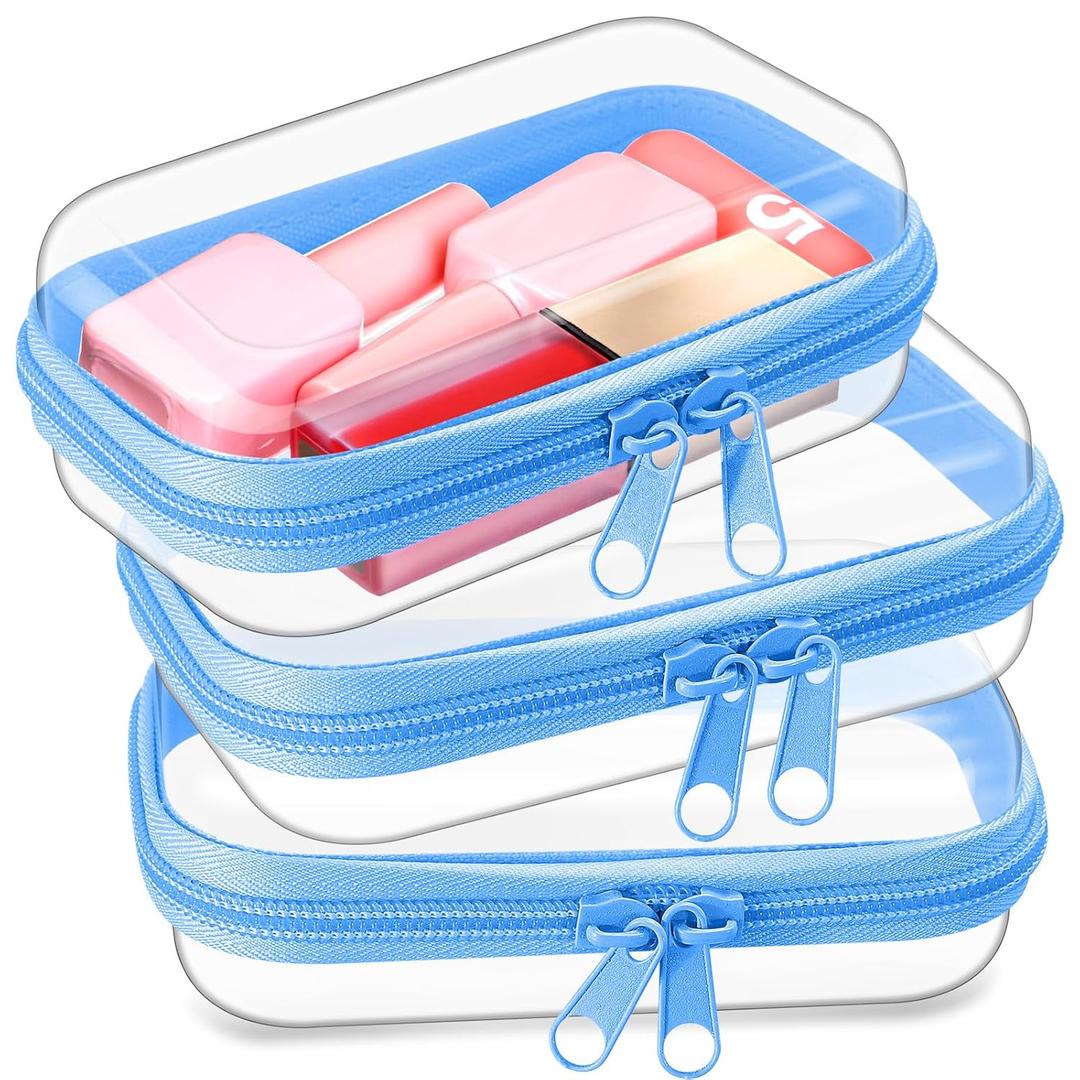 Hoolerry 3 Pcs Clear Hard Zipper Case Makeup Bag Plastic Zipper Pouch Christmas Storage Case Portable Travel Organizer Bin for Cosmetics, Building Blocks, Puzzles(Blue,Xs)