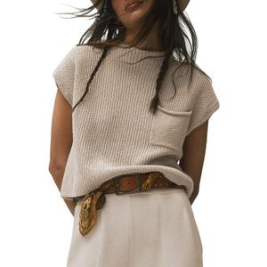 UANEO Sweater Vest Women Mock Neck Casual Cropped Knit Pullover Cap Sleeve Sweater for Women Top Spring (Small, Lightkhaki)