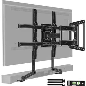 HOME VISION Full Motion TV Wall Mount with Soundbar Bracket, 65 Swivel & Tilt TV Bracket for 32-85 inch TVs, Dual Articulating Arms fits 8"/12"/16" Studs, Max VESA 600x400mm, 132 lbs