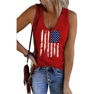 Womens American Flag Button V-Neck Tank Coloful Printed Sleeveless Patriotic Shirts Summer Tops (Small)