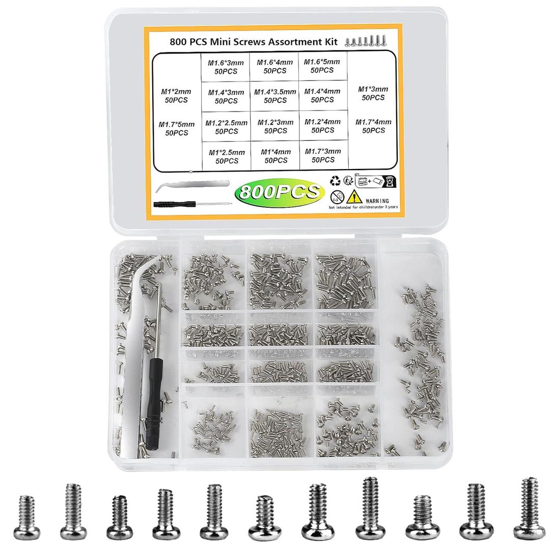 Tiny Screws for Electronics, 800 pcs Mini Micro Small Phillips Pan Head Machine Screws Assortment Kit for Electronic Repair, Nickel-Plated Carbon Steel, M1/M1.2/M1.4/M1.6/M1.7