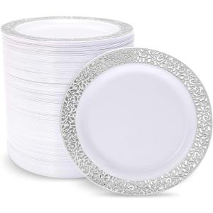 supernal 100pcs Silver Plastic Plates10.25 For Big Party Lace White Plastic Plates with Silver Rim Disposable Dinner Plates Heavy Duty for Party Wedding Birthday