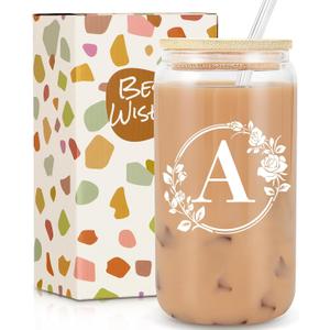 Birthday Gifts for Women, Monogrammed Initial Glass Cup Personalized Gifts for Women, 16oz Glass Cups with Lids and Straws, Iced Coffee Cup, Beer Can Shaped Glass - Gifts for Christmas, Birthday, A