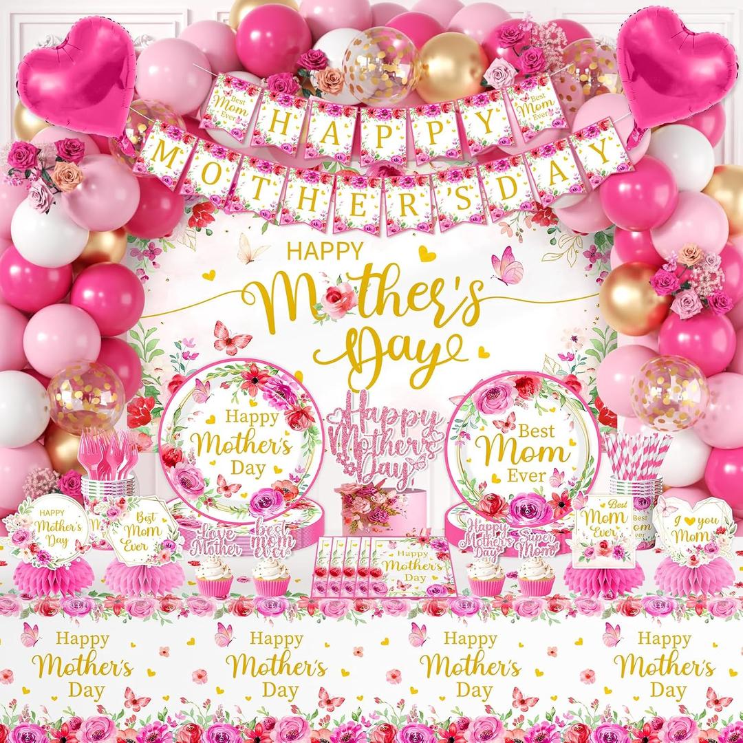 Mothers Day Decorations for Party,Mother's Day Decorations Pack - Happy Mothers Day Plates and Napkins,Mother's Day Banner,Balloons,Tablecloth,Cups,Forks,Knives,Best Mom Ever Decoration,Sever 24