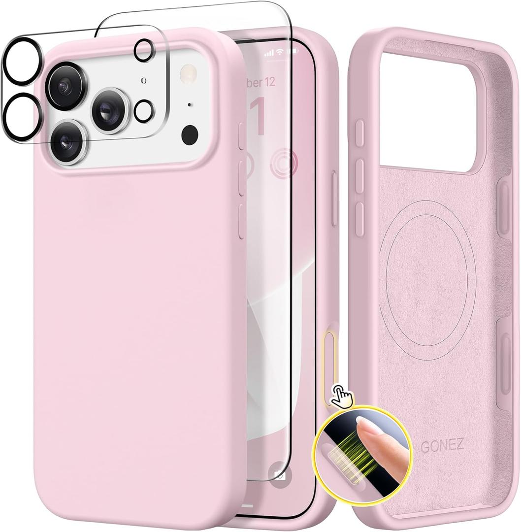 GONEZ Magnetic for iPhone 17 Pro Max Case, [Compatible with MagSafe] Anti-Scratch Microfiber Lining & Screen Protector, Silicone Camera Control, Shockproof Slim Phone Cover 6.9 inch, Pastel Pink