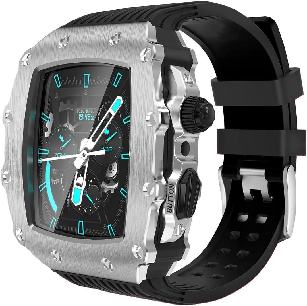 for Apple Watch Band 45mm 44mm Metal Shockproof Case, Men's Raised Bumper Cover with Screen Protector for iWatch Series 9/8/7 45mm SE2/6/SE/5/4 44mm (45mm/44mm, Silver/Black)