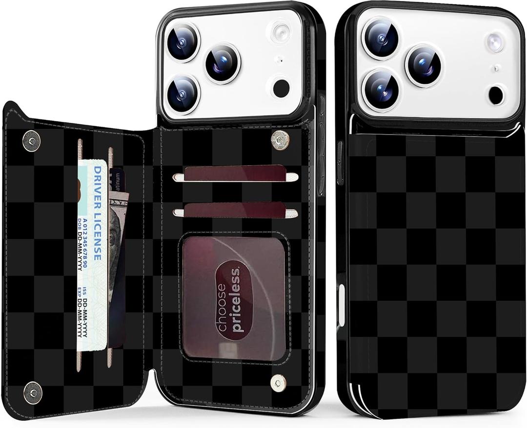 TopPerfekt for iPhone17 Pro Max Case Wallet with Card Holder, Military-Grade Drop Protection,Flip PU Leather Built,Double Magnetic Clasp and Durable Shockproof for iP17 PM5G 2025 Cover-Checkered Black