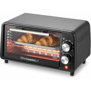 Elite Gourmet ETO449X Countertop Toaster Oven, 9.5Qt / 4-Slice Capacity, Fits 8'' Pizza, 800W Quartz Heating, 200–450°F Adjustable Temperature, 30-Min Timer, Compact Mini Oven, Black, 9L / 4-Slice