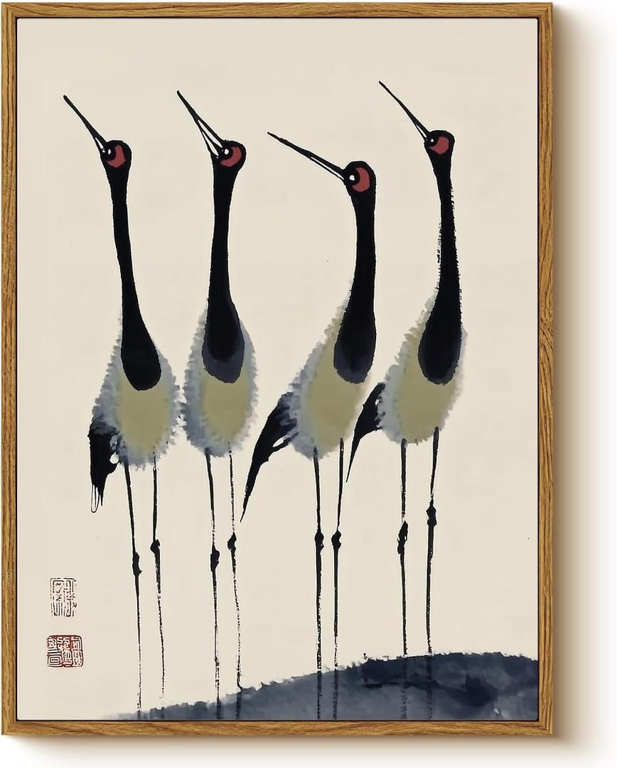 Vintage Framed Ink Crane Wall Art 12x16 Canvas Print, Four Red-Crowned Cranes Traditional Brush Painting Style Minimalist Japanese Bird Nature Artwork, Modern Bathroom Entryway Decor