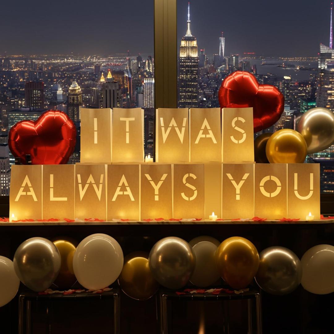 It was Always You Light Up Letters Signs, Romantic Proposal Anniversary Valentines' Day Decorations with Luminary Paper Bags, LED Tea Light Candles, Red Heart Balloons, Artificial Rose Petals