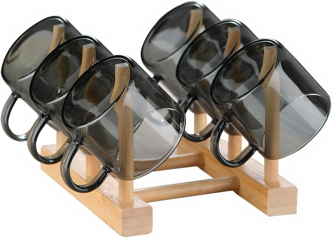 Kung Fu 6 Pcs Small Glass Tea Cup(4.06oz/120ml) + Holder Set in Smoky Gray, Bamboo Wood Chinese Tea Utensil Decoration, Transparent Mini Espresso Cup