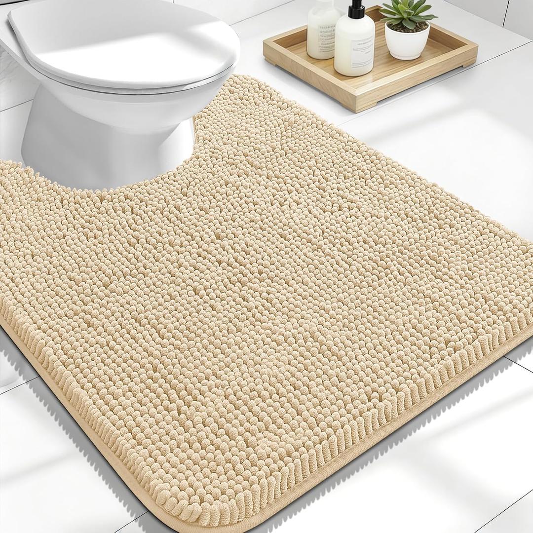 OLANLY Toilet Rugs U-Shaped 24x20, Extra Soft Absorbent Chenille Contour Bathroom Rugs, Dry Quickly, Machine Washable, Non-Slip Bath Mat for Toilet Base, Beige