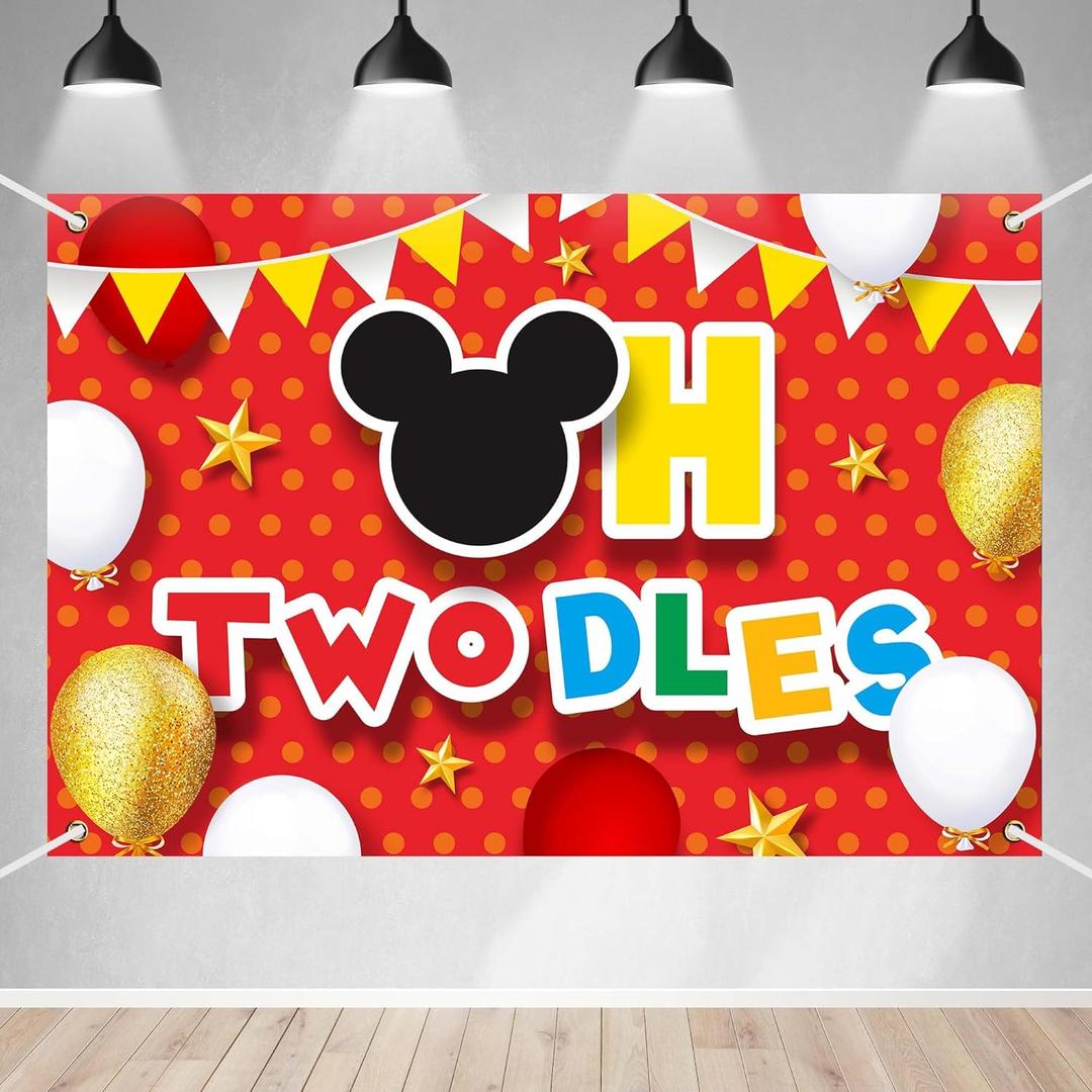 Cartoon Mouse Pattern Happy 2nd Birthday Banner Backdrop Red Oh Twodles Theme Background Decor for Boys Girls Prince Princess Second Birthday Party Favors Decorations Supplies 70.8x47.2in-BECKTEN