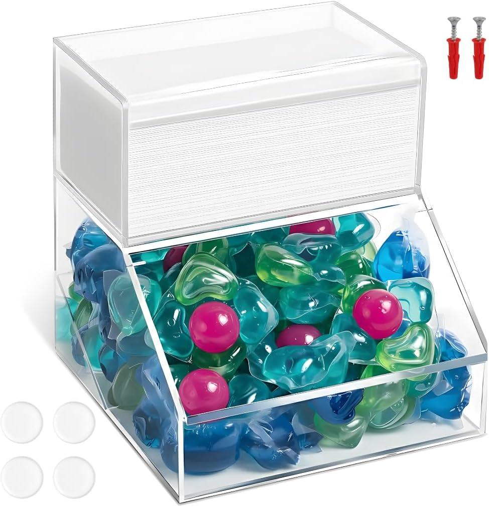 2-Compartment Acrylic Storage Container, Laundry Pods and Dryer Sheet Dispenser, Clear Dishwasher Pod Holder with Lid