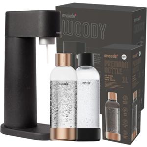 Black Woody Sparkling Water Maker - Silent, Renewable Wood Composite Machine with 2x1L Quick Lock Water Bottles
