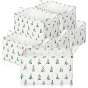 Maxcheck 6 Pcs Large Christmas Storage Basket Foldable Xmas Tree Basket Rectangle Christmas Tree Storage Boxes Bin Fabric Laundry Organizer with Handles for Cloth Toy (White, Green)