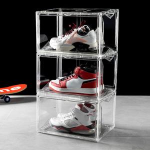 3-Pack Clear Shoe Boxes Stackable Plastic Sneaker Box Container, Magnetic Side Open Shoe Organizer and Shoes Storage Case, Full Transparent Versatile Display Case for Hats/Models (3 Packs)