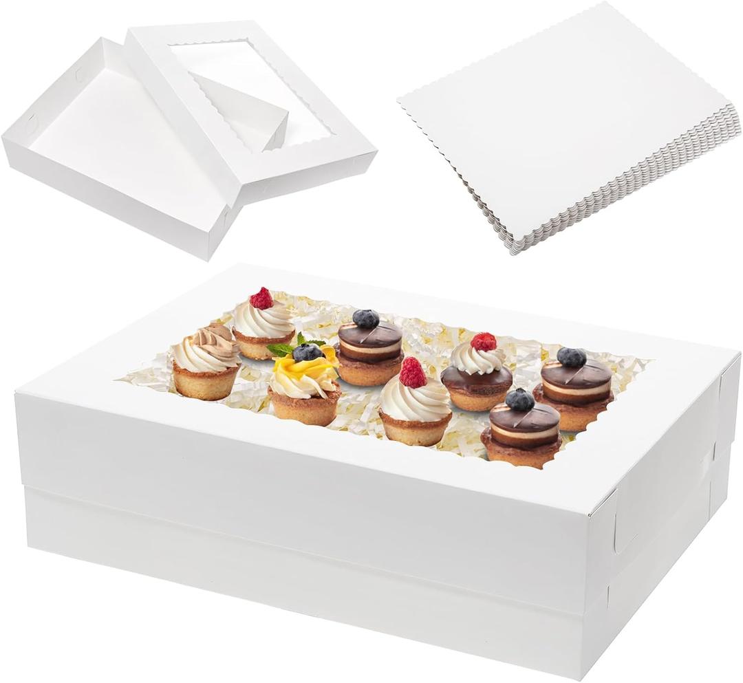 Mefleet 6pcs 19x14x5 Half Sheet Cake Boxes with 6pcs Cake Boards Rectangle 1/2 Sheet Bakery Boxes with Window for Pastry Baking Cake, Cupcakes, Donuts, Cookies, Pie Treat Packaging White Large
