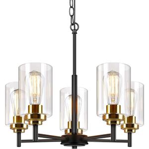 5-Light Chandelier for Dining Room Kitchen Island Modern Farmhouse Pendant Lighting with Clear Glass Shades Industrial Black Hanging Ceiling Light Fixture for Foyer Living Room, Height Adjustable