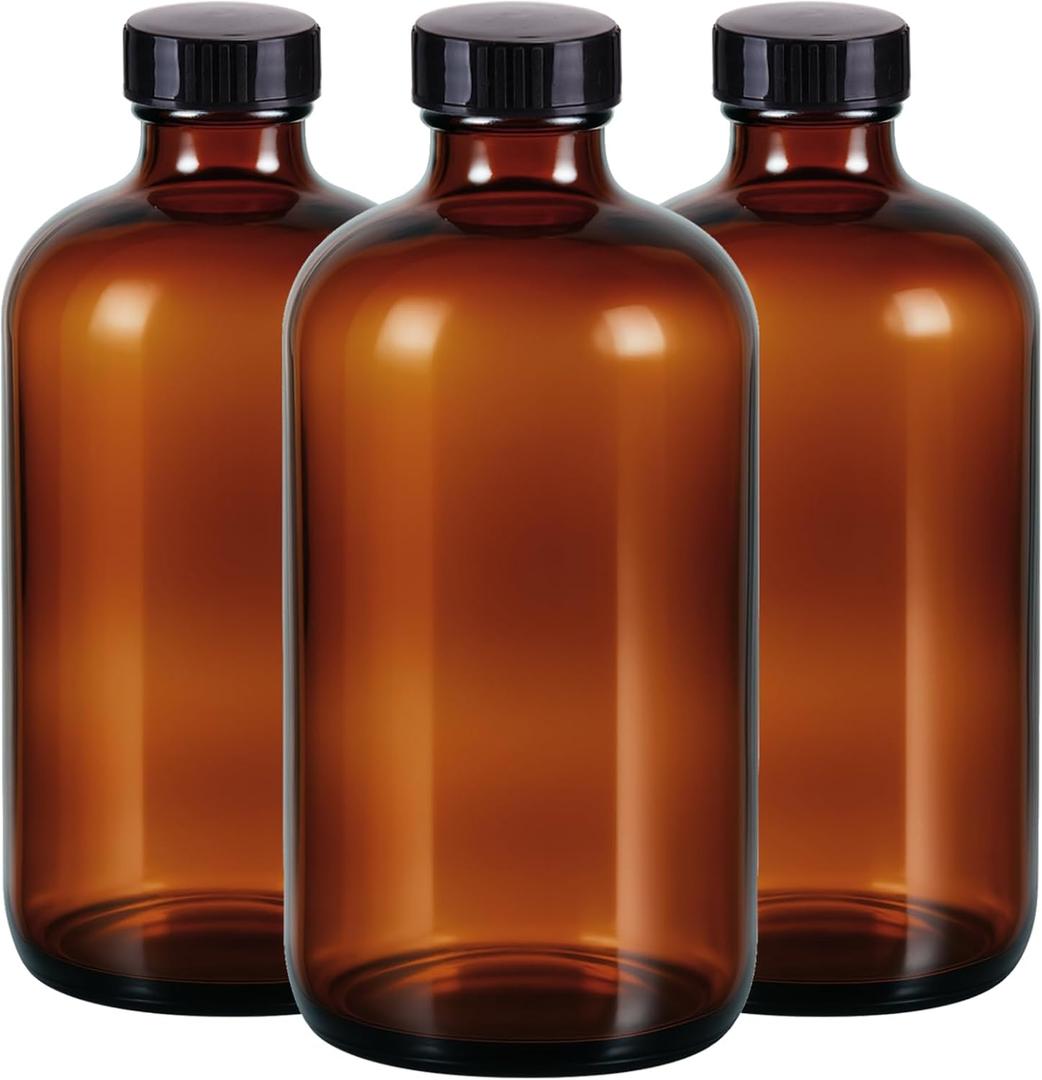 3 Pack,16 OZ Amber Glass Bottles Boston Round Sample Refillable Bottles with Black Caps, Perfect Glass Containers for kombucha, Secondary Fermentation,Storing condiment,Homemade Essential Oils