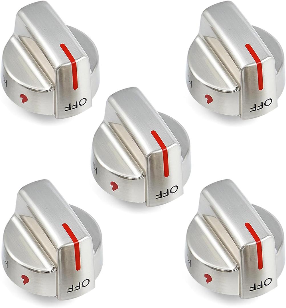 atgestore Stainless Steel 5304509064 5304509929 Stove Knob Replacement for Frigidaire Gallery Gas Stove Parts Cooktop Control Knobs Frigidaire FGGF3036TFA Range Burner Control Knobs Metal Silver 5Pcs