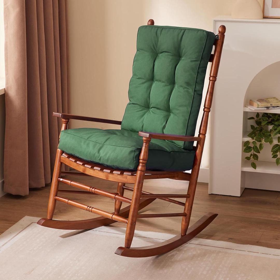 Rocking Chair Cushion, Waterproof and Fade-Resistant Patio Chair Cushions, Tufted Chair Pads for Rocker Furniture, 17x17 Inch, Indoor/Outdoor Seat Cushions with Ties, Dark Green