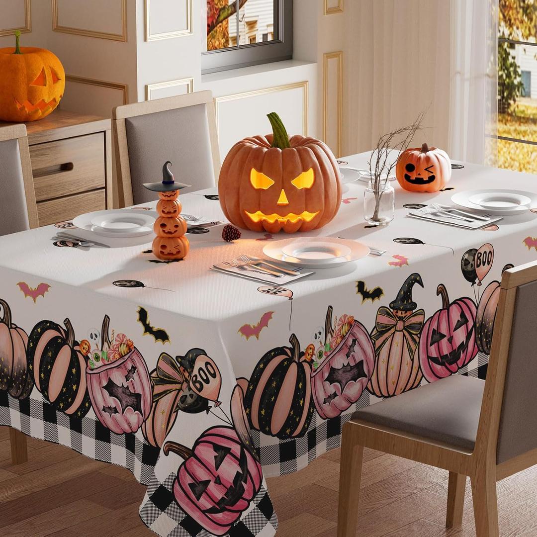 XCHI Pink Spooky Pumpkin Boo Halloween Tablecloth Rectangle Washable Table Covers for Indoor Outdoor Dining Home Party Decorations Table Cloth 60x84 Inch