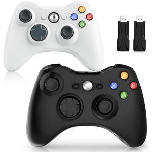 For Xbox 360 Controller, PC Wireless Gamepad with Ergonomic Grip/Upgraded No Drift Joystick/for Xbox 360 & Slim,Windows 11/10 (2 Pack, 2.4G Black) (Black and White)