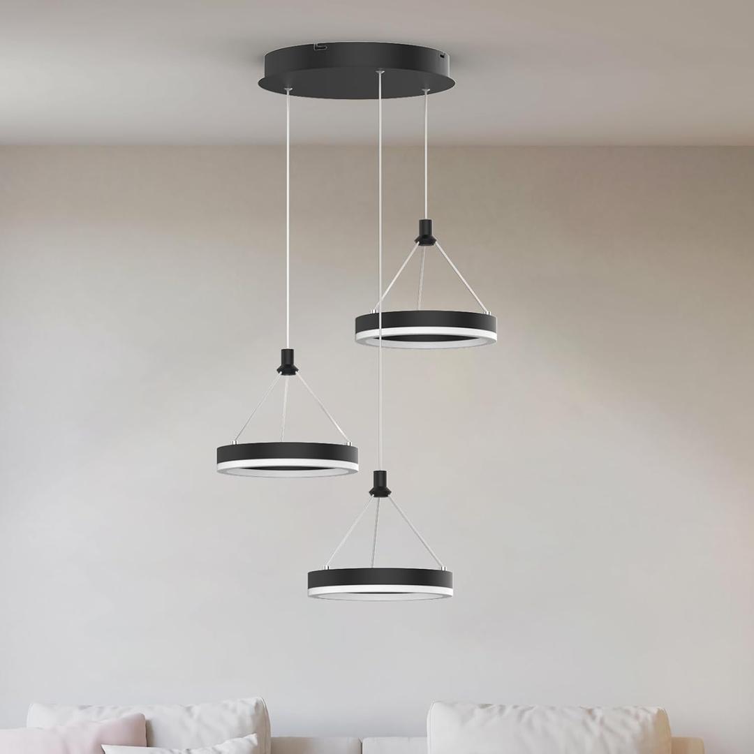 Modern LED Chandelier Black Pendant Light Fixture LED Ceiling Ring Light with 6000K and 39.4in Height Adjustable Hanging Lights for Kitchen Island Dinning Living Room