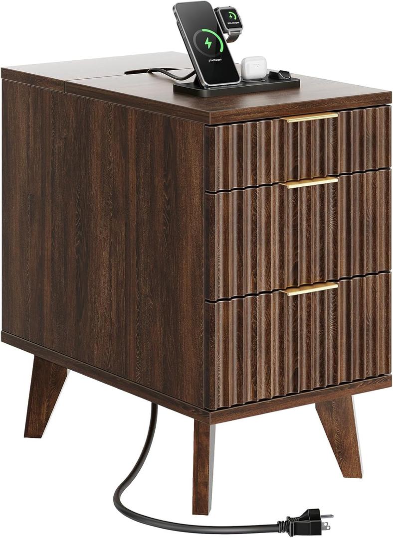 13" W Fluted Narrow End Table with 3 Drawers(Dark Walnut), 23.6"D x 13.4"W x 23.6"H