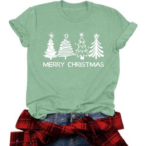 Christmas Shirts for Women: Merry Christmas Tree Graphic Tshirt Xmas Vacation Short Sleeve Tee Tops (Small, Lightgreen)