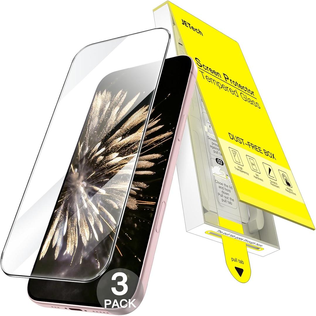 JETech Screen Protector for iPhone 15 6.1-Inch, One-Step Easy Installation with Auto-Alignment Bubble Free Box, 9H Tempered Glass Film, HD-Clear, 3-Pack