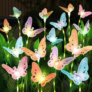 Solar Garden Lights 4 Pack Waterproof Decorative Solar Lights Outdoor with Glowing Stems,7-Color Changing Fiber Optic Butterfly Light for Outside Yard Lawn Garden Decor, Gifts for Women