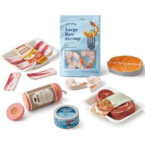 Tiny Land Organic Play Food Set - 6PCS Wooden Seafood & Meat Toy Set for Kids, Pretend Grocery for Kitchen Play, Montessori Toy Gift